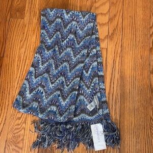 CATHERINES colorful pattern fringe edge knit scarf Blue NWT
